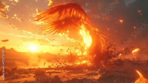 Phoenix Rising: Fiery Bird Emerges in Desert Landscape at Sunset