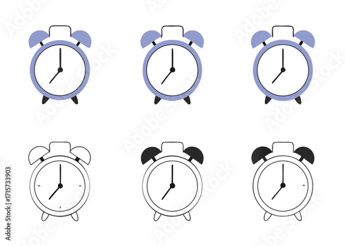 Six alarm clocks in two rows time wake