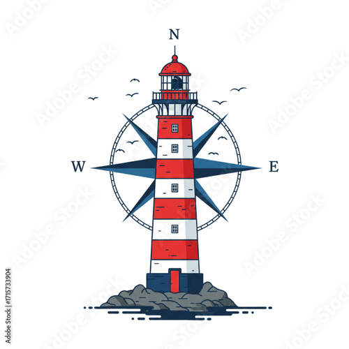 Columbus Day Lighthouse Compass Seagulls Nautical Vector Illustration Isolated White Background