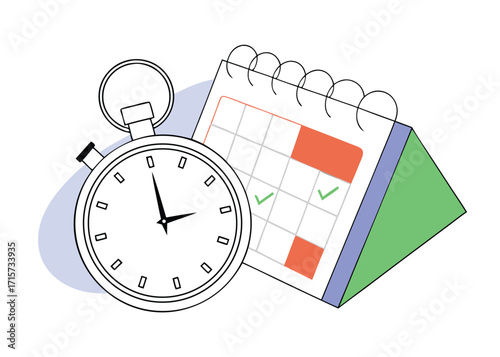 Stopwatch and desk calendar with marked dates time