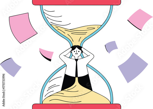 Stressed person inside an hourglass with flying papers