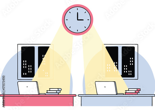 Two desks with laptops and books under a clock office