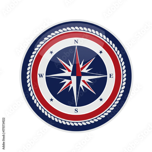 Columbus Day Nautical Compass with Rope and Stars Vector Illustration Isolated White Background