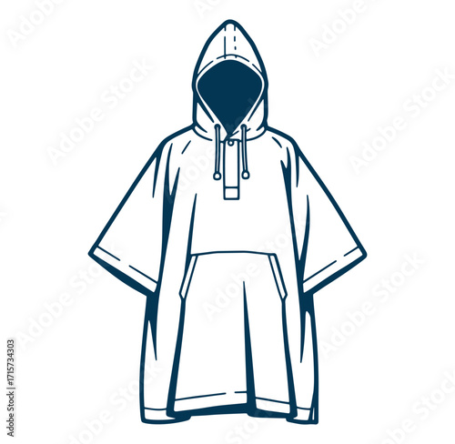 A minimalist line art illustration of a modern hooded poncho for outdoor activities and fashion