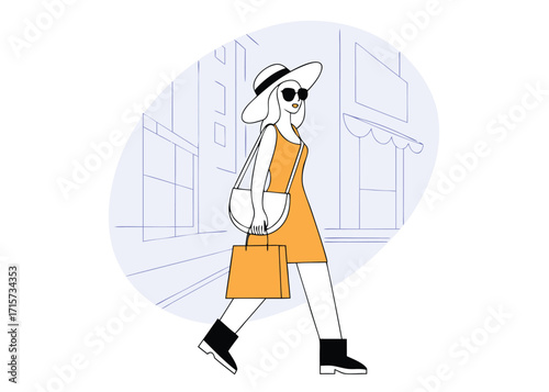 Woman in Summer Dress and Hat Walking with Shopping Bag