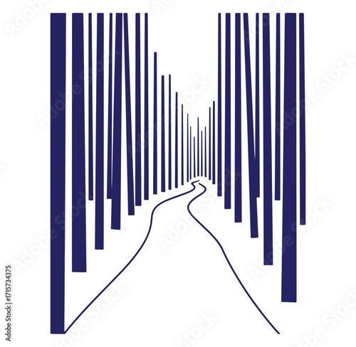 Abstract forest road illustration with stylized trees and a winding path leading towards the viewer