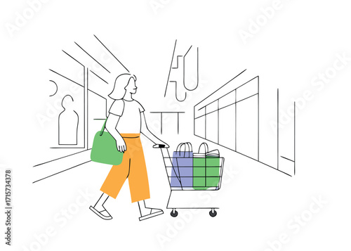 Woman Pushing Shopping Cart in Store Aisle vector illustration