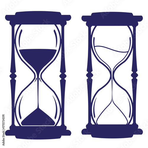 Two stylized blue hourglasses representing time passing and the concept of duration
