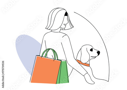 Woman with shopping bag and dog illustration vector