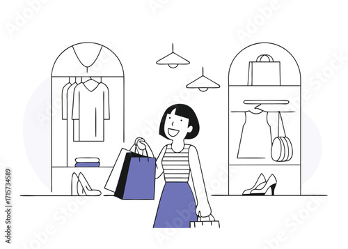 Woman with shopping bags in a clothing store closet Keywords: shopping, woman, bags, clothing