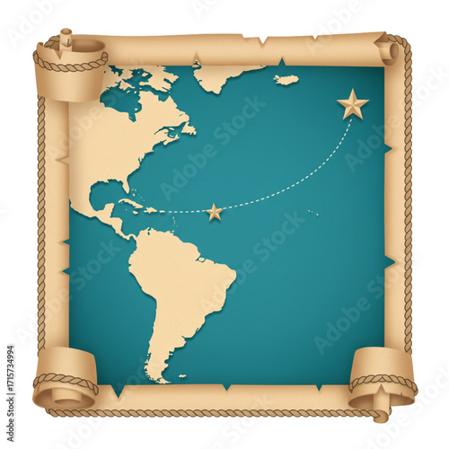 Columbus Day Vintage Map with Journey Route Vector Illustration on White Background
