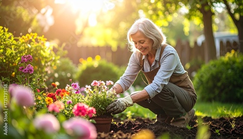 Woman working in the garden, planting flowers on a nice sunny day