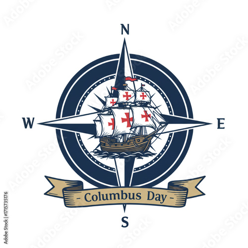 Columbus Day Compass with Sailing Ship Vector Illustration on White Background