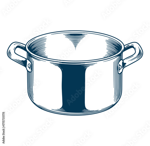 Detailed engraved illustration of a stainless steel cooking pot with handles isolated on white