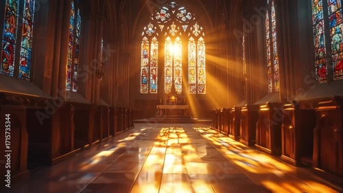 Sunlight Streaming Through Stained Glass in Gothic Church Interior
