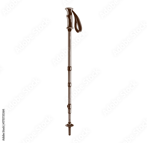 Detailed hand drawn illustration of a single hiking or trekking pole against white background