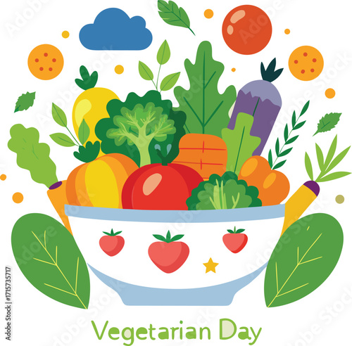 Vector art of world vegetarian day celebrated with a delightful illustration of a bowl overflowing with fresh vegetables like carrots, broccoli, tomato, and eggplant