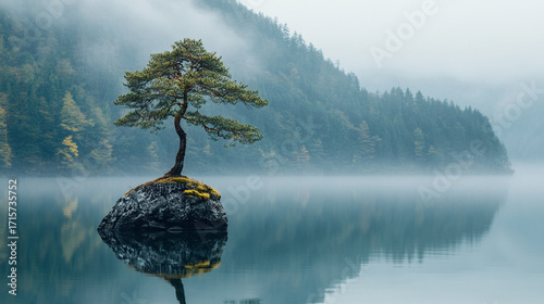 Serene misty lake with lone tree on rock island reflecting in still water a peaceful escape for nature lovers and mindful meditation practices