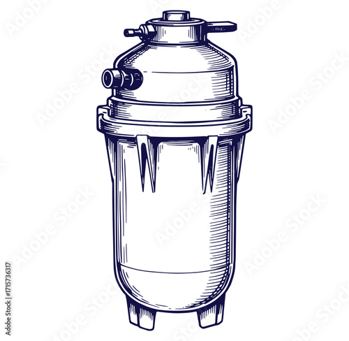 Detailed vintage engraved illustration of a water filter system in a clean and decorative style