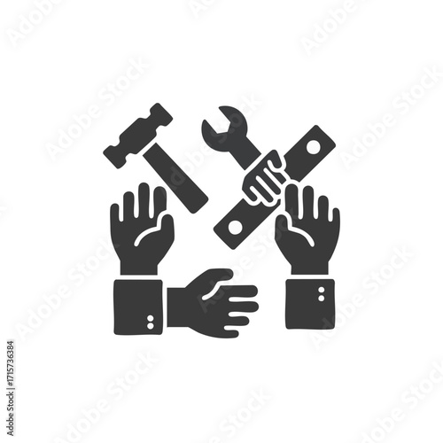 A striking graphic icon depicting hands and essential tools, symbolizing collaborative teamwork, construction, repair, and collective problem-solving efforts.