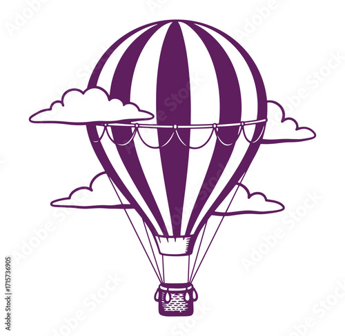 Elegant purple hot air balloon with clouds vector illustration on white background