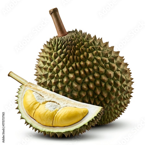 Fresh durian fruit with spiky outer shell and creamy yellow flesh on a white background