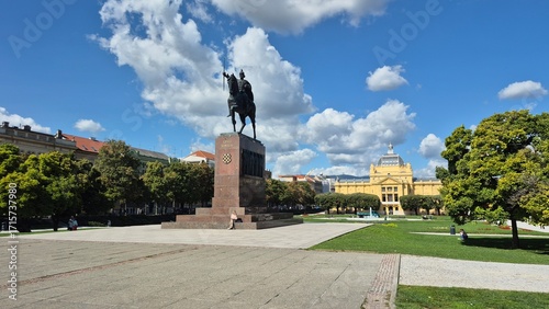 Zagreb, Croatia – September 17, 2025 – View of King Tomislav Monument with Trg Kralja Tomislava square and the yellow Art Pavilion in the background, iconic city landmark and meeting spot.