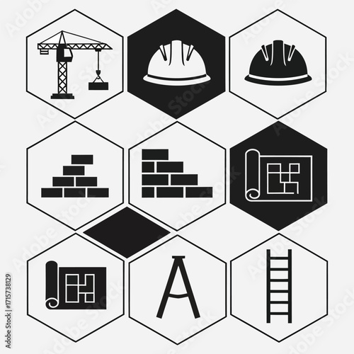 Construction Icons Set Building, Blueprint, Safety Helmet, Crane, Ladder, and Brick Wall Vector Graphics