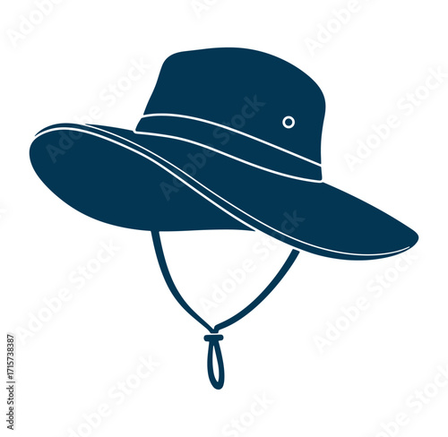 Flat design illustration of a blue sun hat with chin strap for sun protection