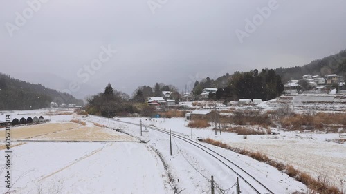 湯布院の雪景色と線路（大分県由布市湯布院）