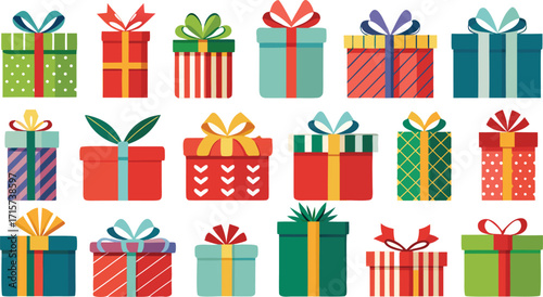 Christmas gift box collection, New Year presents, gift boxes on transparent background