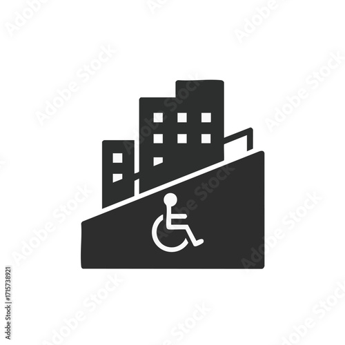 A clear graphic icon illustrating modern buildings with a prominent wheelchair accessibility ramp, symbolizing inclusive urban design and barrier-free access.