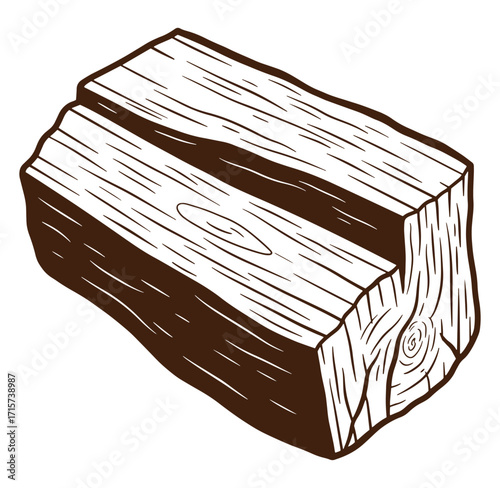 Hand drawn illustration of a wooden log block with wood grain texture isolated