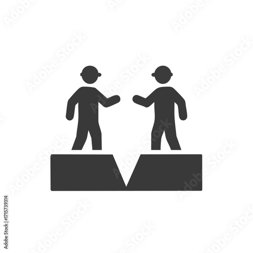 An abstract graphic icon depicts two stylized individuals on separate platforms, reaching across a symbolic divide, representing communication, negotiation, or conflict.