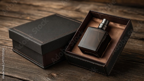 Dark brown perfume bottle in a black gift box