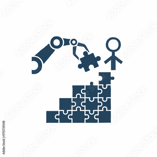 A robotic arm thoughtfully places the final puzzle piece, symbolizing artificial intelligence's crucial role in human development and progress.