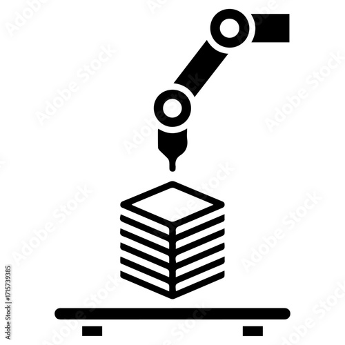 Minimal black silhouette of a 3d printer arm shaping a cube, flat vector style, white background.
