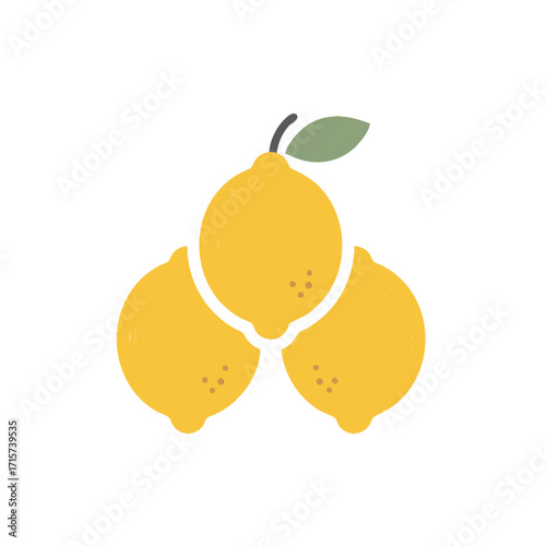Three vibrant yellow lemons clustered together with a green leaf on a clean