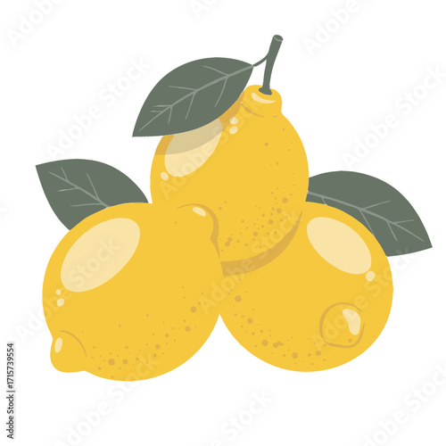 Three vibrant lemons with green leaves create a refreshing and summery citrus fruit display