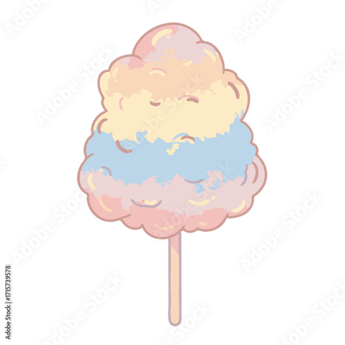 Delicious pastel rainbow cotton candy on a stick on a clean