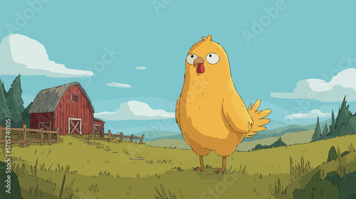 A bright yellow cartoon bird looks content as it stands in a grassy field near a rustic barn. The sunny sky and hills create a peaceful atmosphere on the farm.
