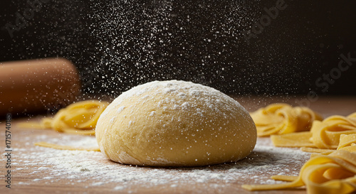 Close-up of fresh pasta dough being dusted with flour
