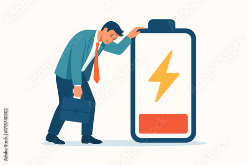 Exhausted businessman leans on low battery symbol, symbolizing burnout and energy depletion