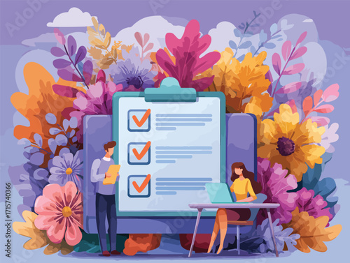 벡터 스타일 체크리스트 일러스트: 협업과 생산성