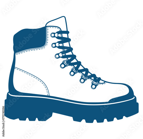 Isolated illustration of a durable and stylish hiking boot in navy blue and white colors