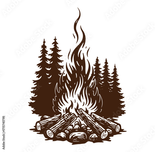 Rustic campfire illustration with tall evergreen trees burning wood and generating flames on white background