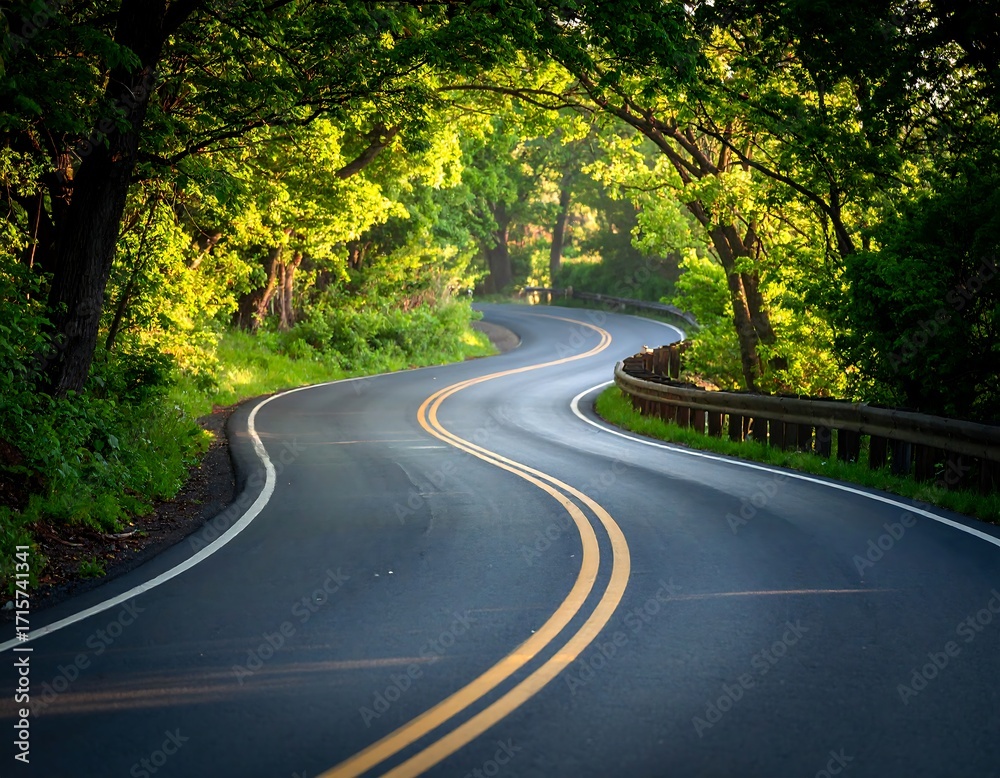 Obraz premium Winding road through a lush forest (1)