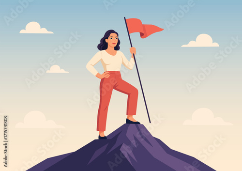 Confident business woman and female entrepreneur standing on mountain top with red victory flag, symbolizing success, leadership, career growth, achievement, motivation, ambition, vector illustration