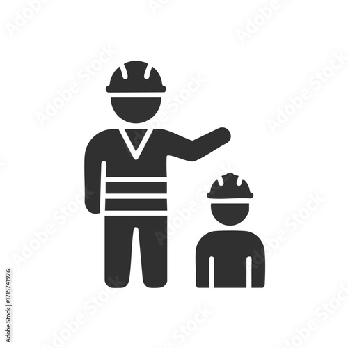 This clear icon illustrates a seasoned supervisor providing essential safety instructions and guidance to a new trainee on a construction or engineering project.