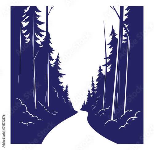 Stylized forest road leading into the distance with pine trees and lush foliage